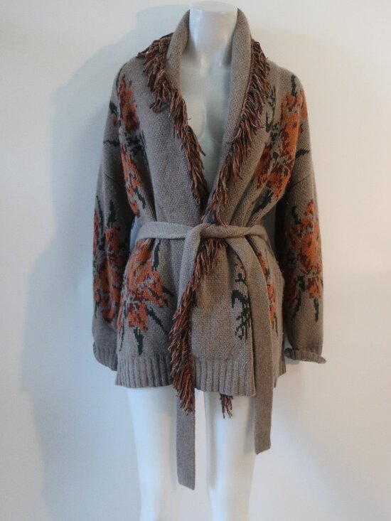 Autumn Cashmere Sweaters - Womens Autumn Cashmere Brown, Orange, Grn Fringe Trim Belted Cardigan Sweater S